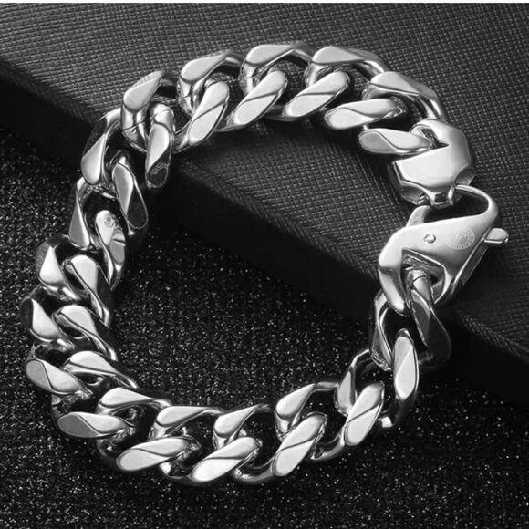 Men’s 15mm Wide Cuban Curb Stainless Bracelet - Picture 2 of 6